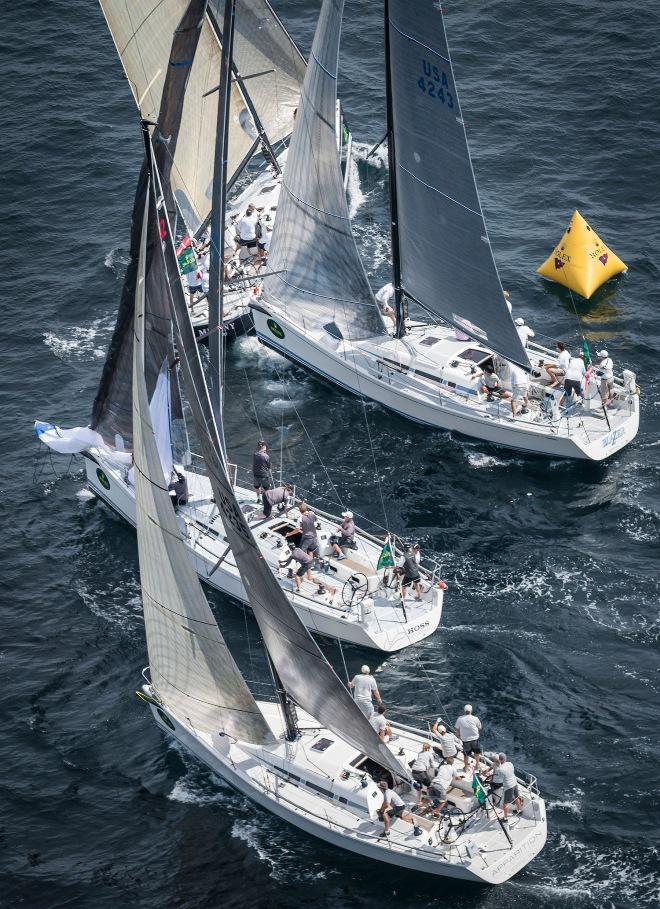 Close racing has been a hallmark of the Swan 42 since its inception in 2007. Mutiny (top left), Blazer (top right) and Apparition (bottom) are three of the four boats vying for the New York Yacht Club's berth in the 2015 Rolex Invitational Cup ©  Rolex/Daniel Forster http://www.regattanews.com